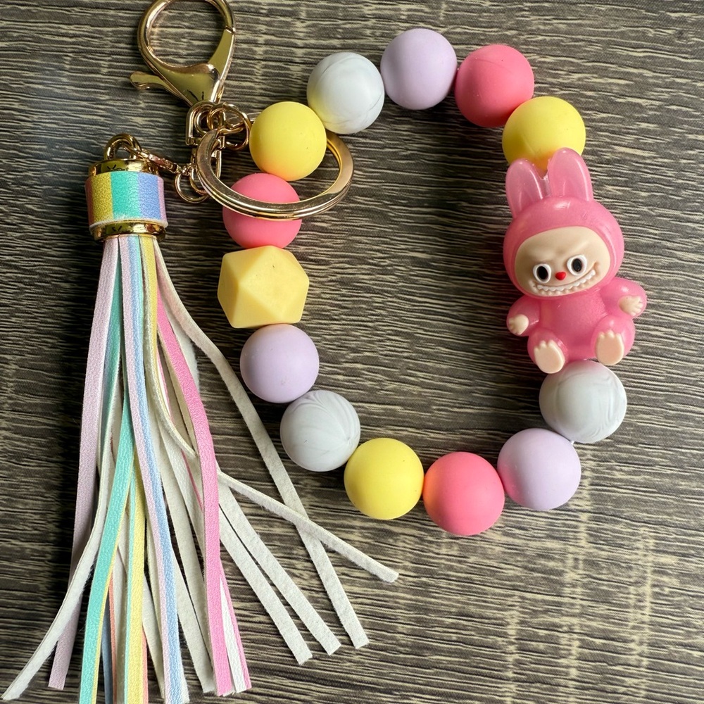 Pastel Beaded Keychain with Tassel and Bunny Charm
